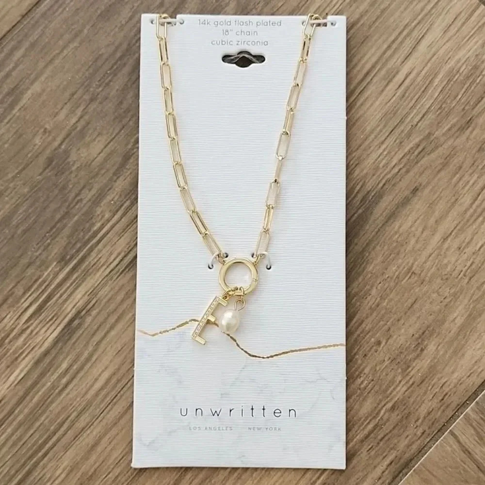 Initial Gold "E" Pearl Charm Link Necklace